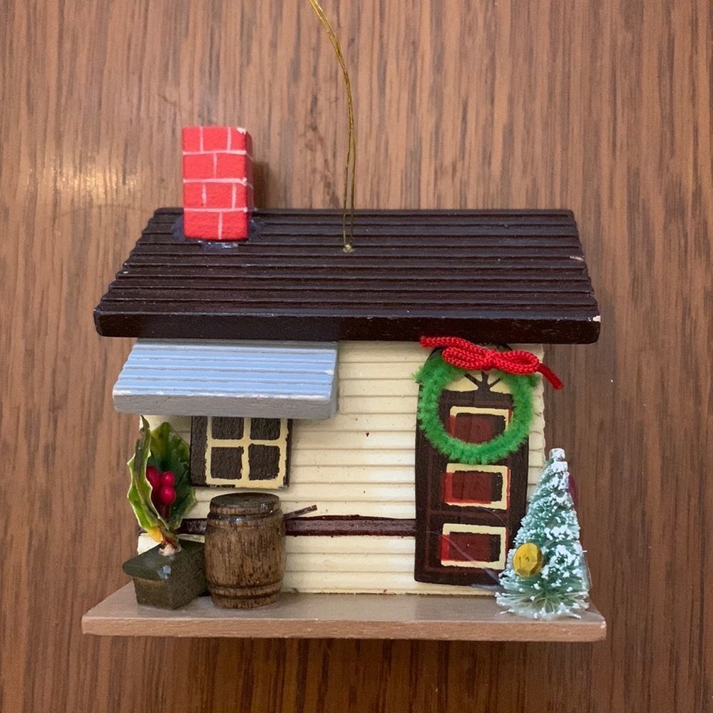 Large vintage wooden house or cabin Christmas tree ornament